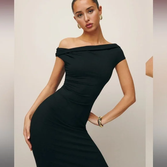 Reformation Black Off-Shoulder Midi Dress - Picture 2 of 12